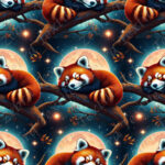 Panda roux sur branche et pleine lune