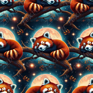Panda roux sur branche et pleine lune