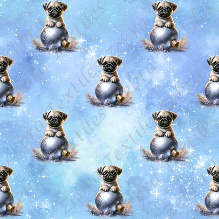 Pug boule de Noël bleue fond bleu galaxie