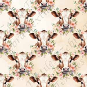 Vache et fleur rose fond crème