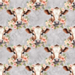 Vache et fleur rose fond gris