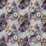 Chat floral fond gris