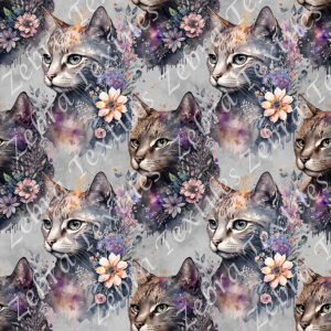 Chat floral fond gris