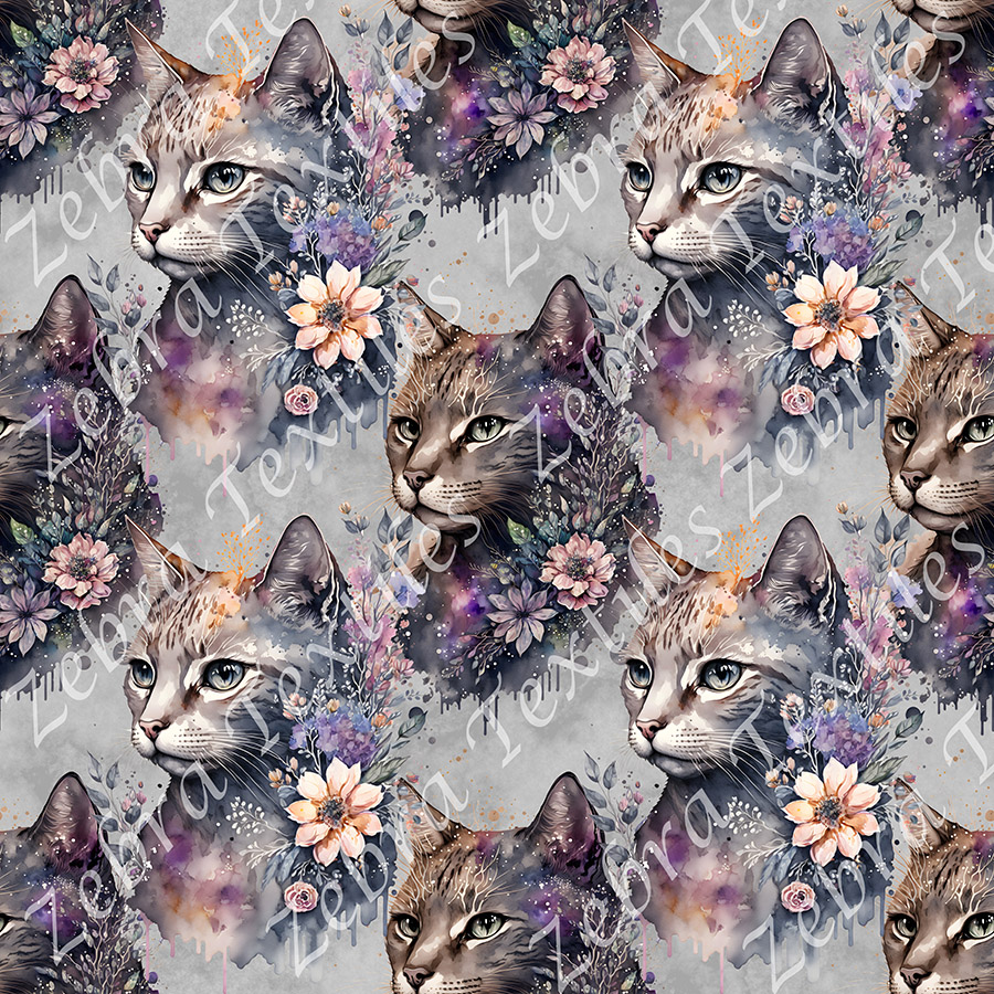 Chat floral fond gris