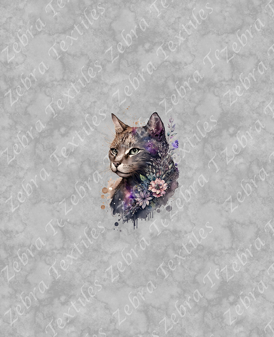 Chat floral fond gris