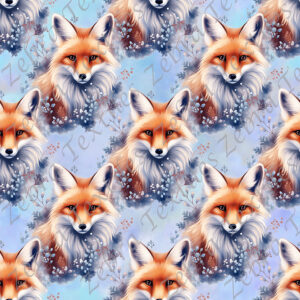 Renard et feuillage bleu fond bleu
