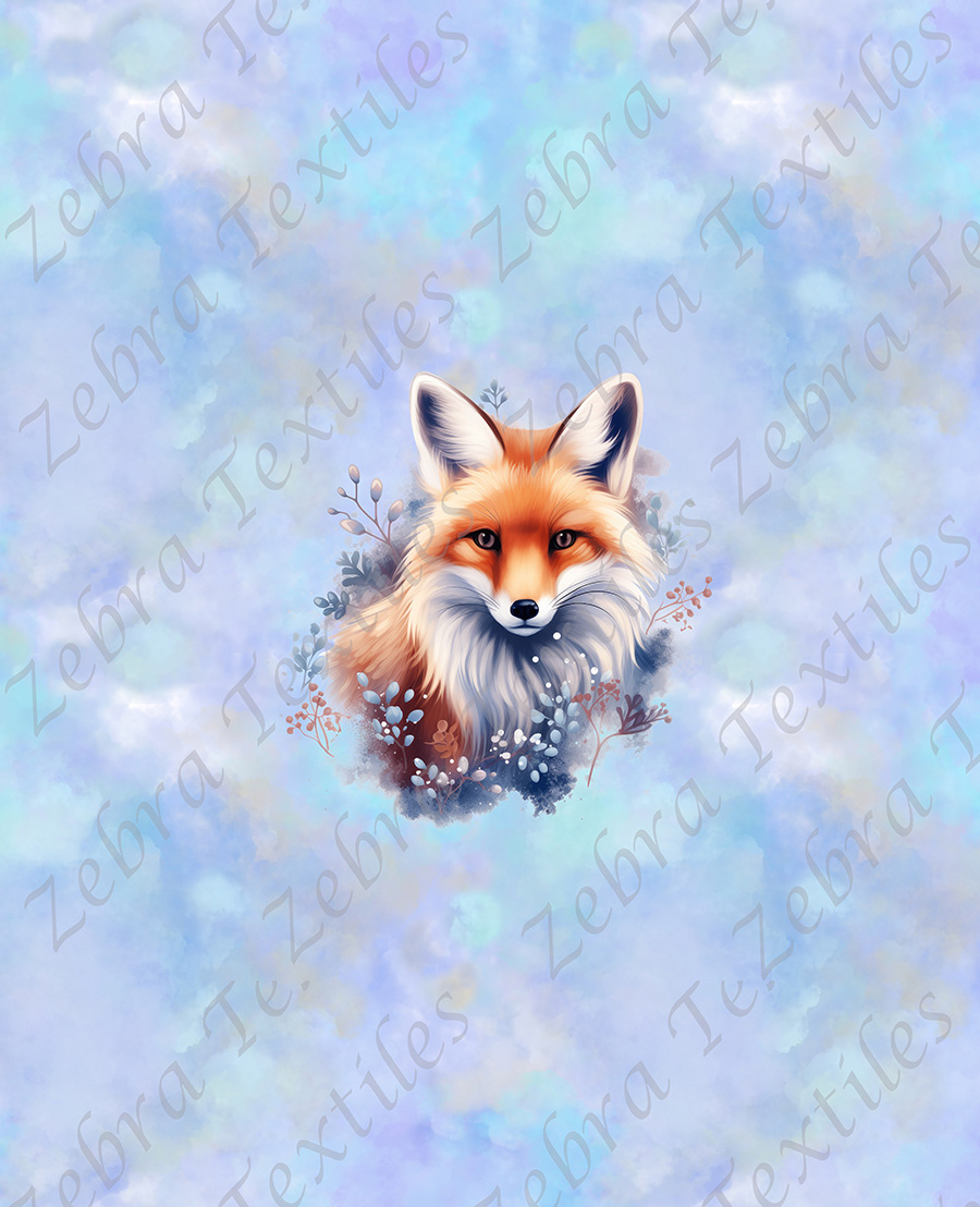Renard et feuillage bleu fond bleu