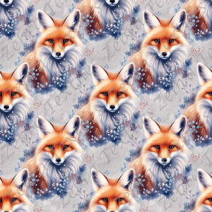 Renard et feuillage bleu fond gris