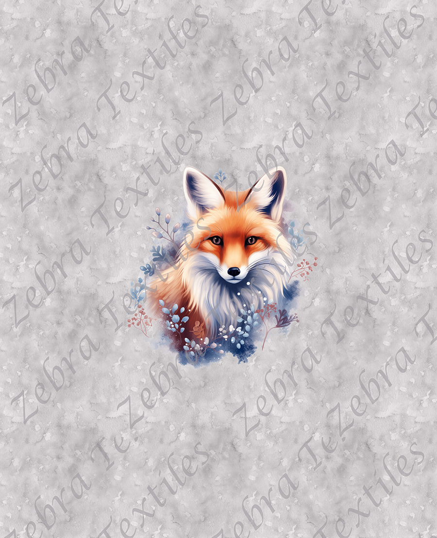 Renard et feuillage bleu fond gris