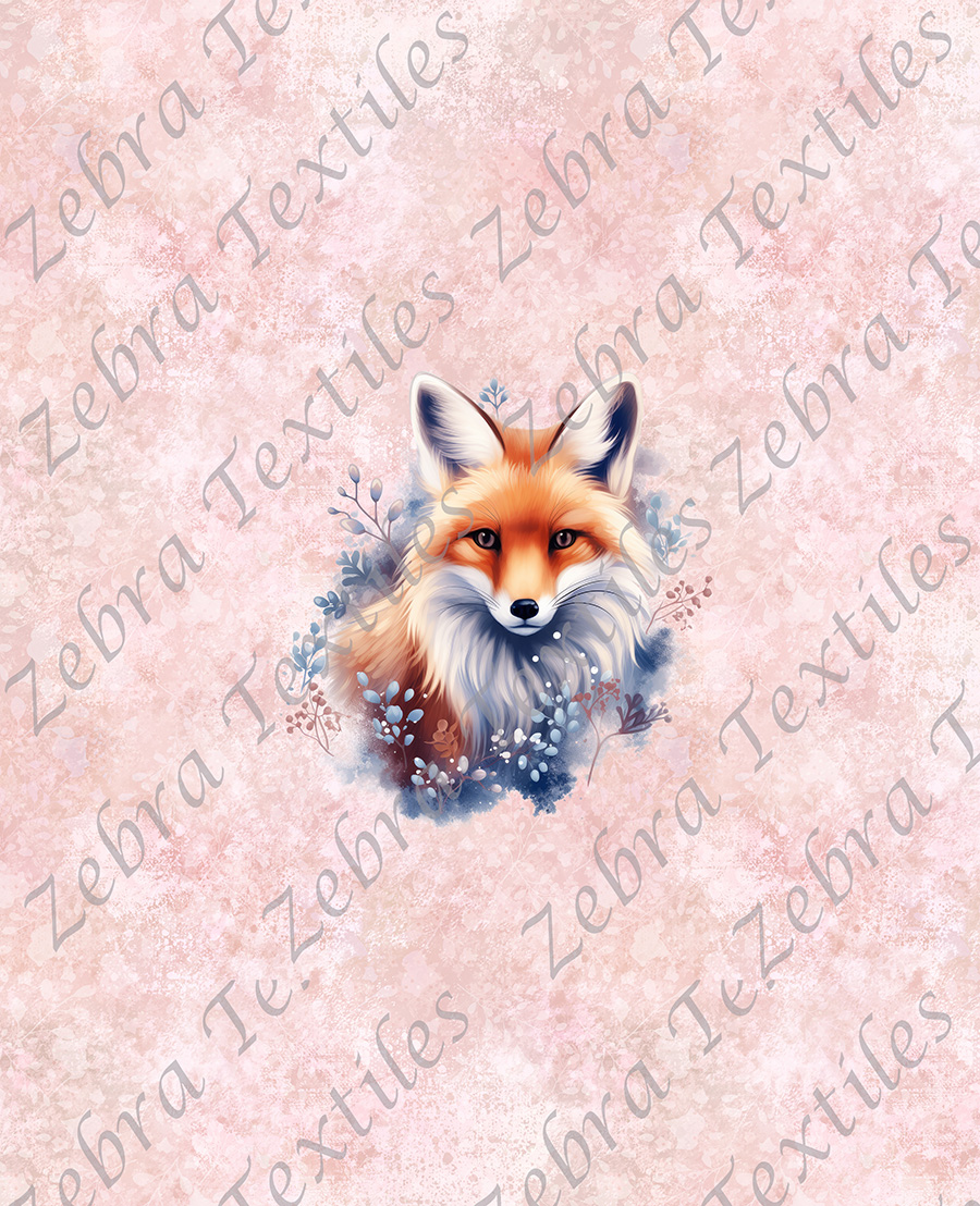 Renard et feuillage bleu fond rosé