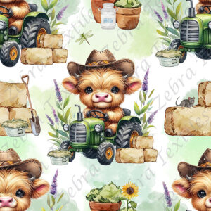 Vache chapeau et tracteur vert