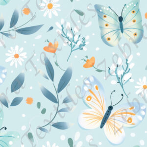 Papillon bleuté et fleur fond aqua