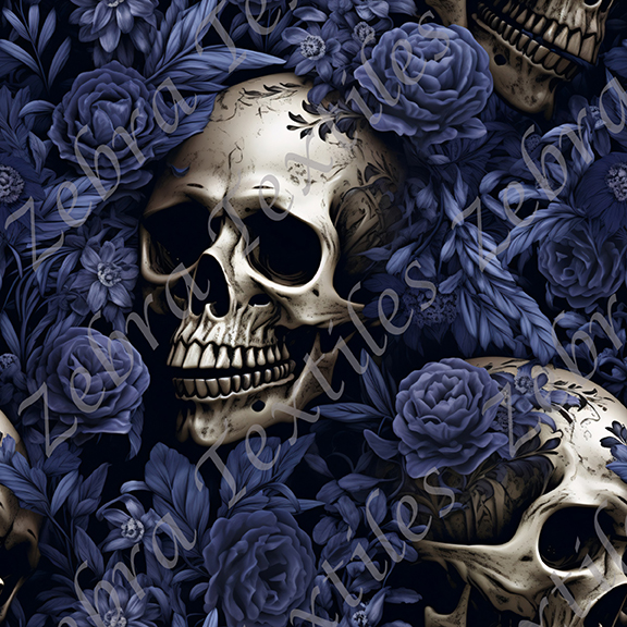 Skull et fleur bleutée fond noir