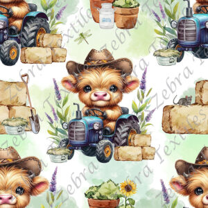 Vache chapeau et tracteur bleu