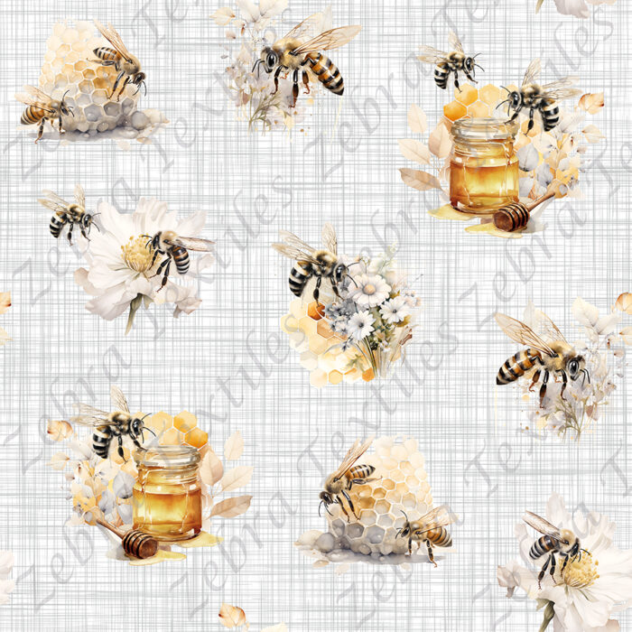 Abeille et fleur blanche fond lin gris