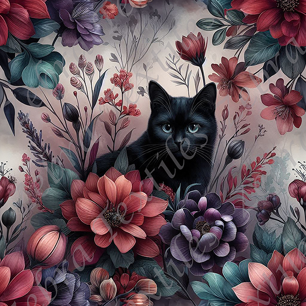 Chat noir floral rouge