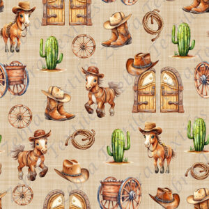Cheval cowboy et cactus fond marron