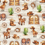 Cheval cowboy et cactus fond planche