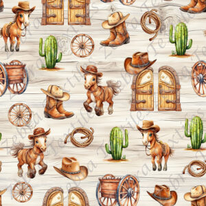 Cheval cowboy et cactus fond planche