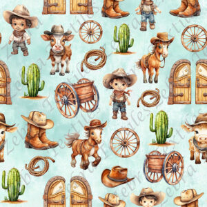 Cowboy et vache fond aqua