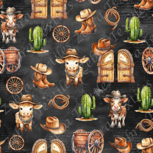 Cowboy vache et cactus fond noir