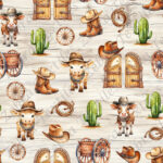 Cowboy vache et cactus fond planche