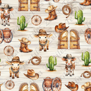 Cowboy vache et cactus fond planche