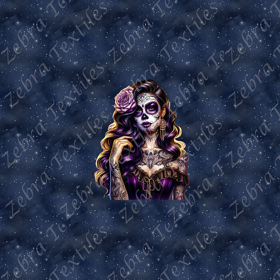 Femme skull violette fond bleu