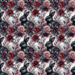 Lapin noir et floral rouge mauve