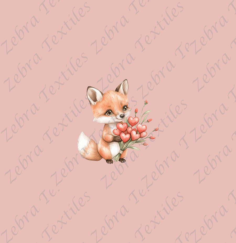 Renard et bouquet de coeur fond rose