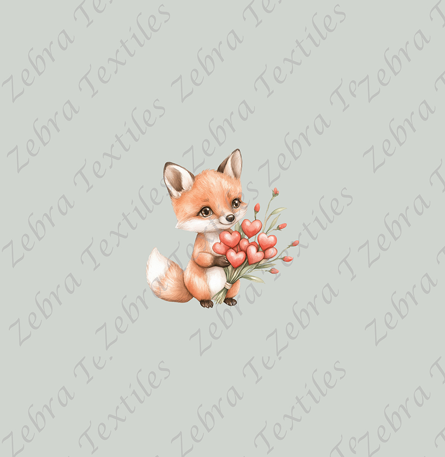 Renard et bouquet de coeur fond sarcelle