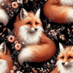 Renard roux et fleur rose fond noir