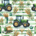 Tracteur vert et blé fond rayé vert