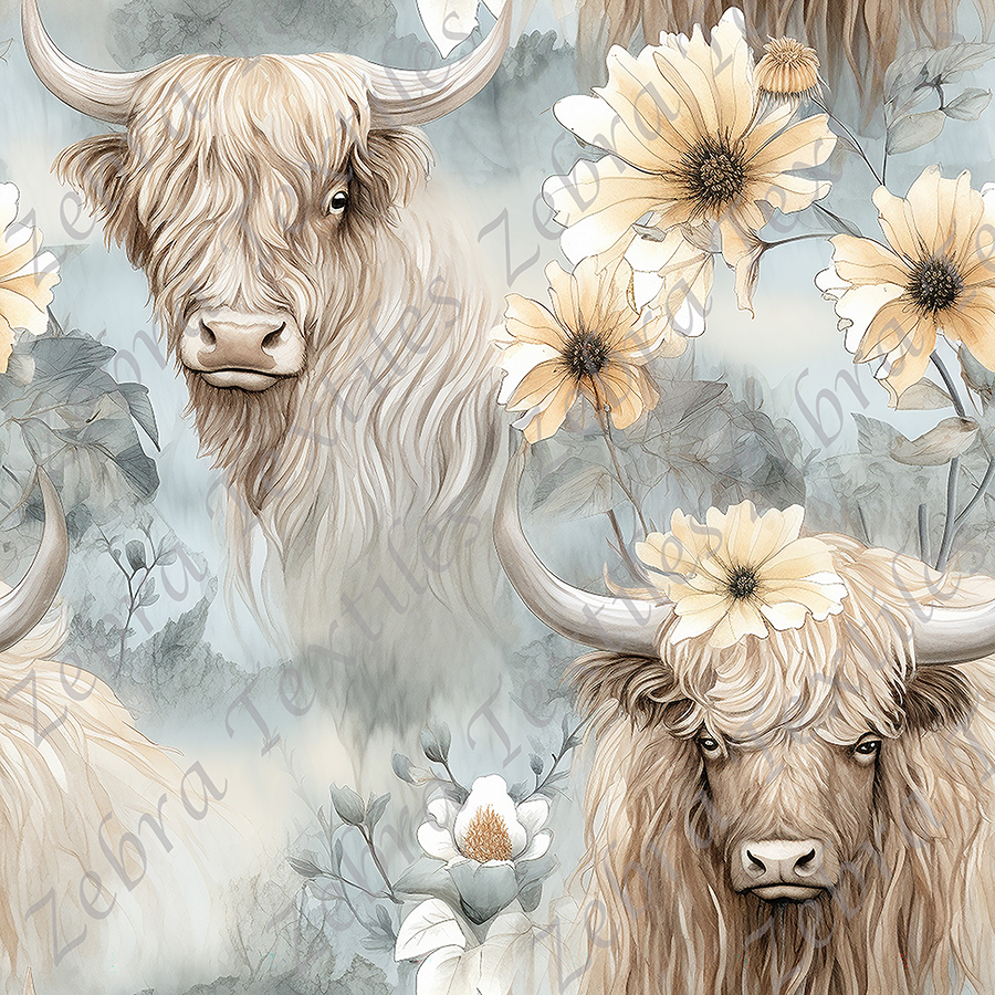 Vache Highland et fleur jaune