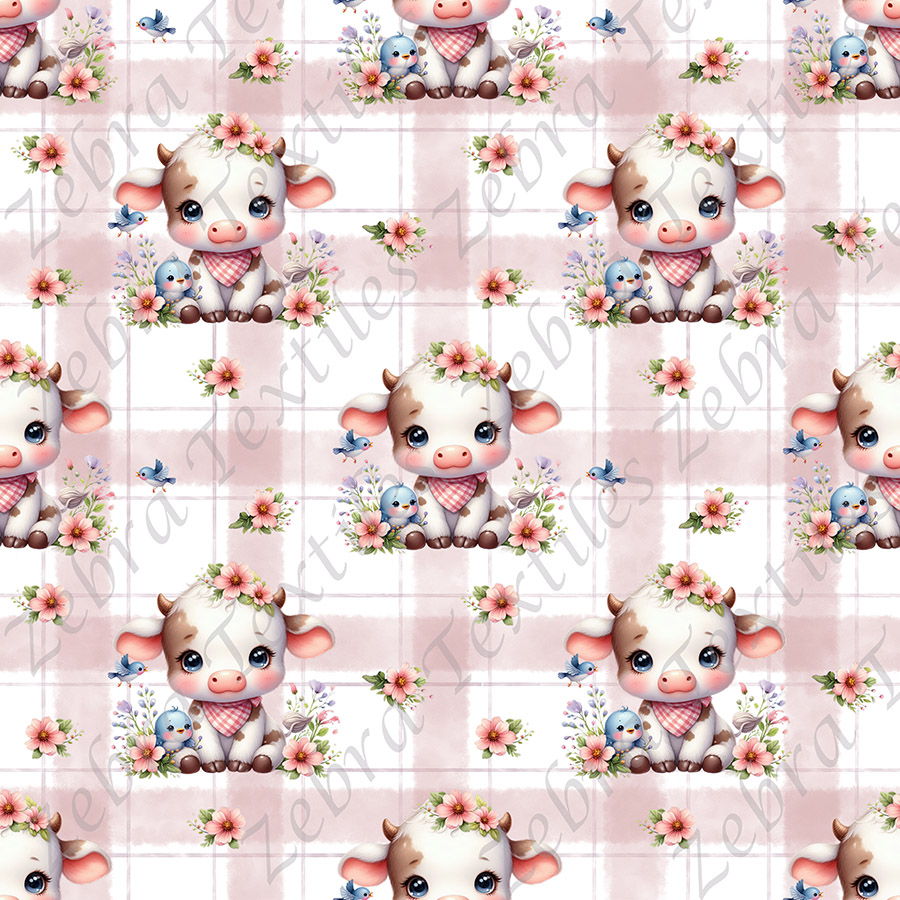 Vache mignonne et oiseau fond plaid