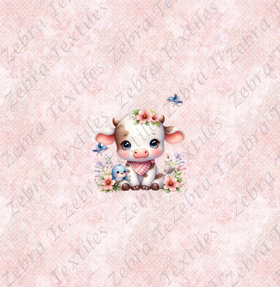 vache mignonne et oiseau fond pois rose