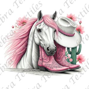 Cheval blanc crinière rose et chapeau fond blanc
