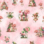 Fée et maison rose fond rose