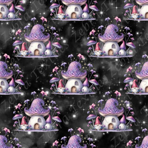 Gnome et maison champignon mauve fond étoilé
