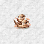 Loutre famille et fleur corail fond lin