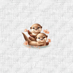 Loutre famille et fleur corail fond lin