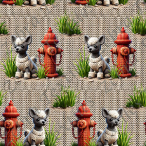 Chien lainage et borne fontaine rouge