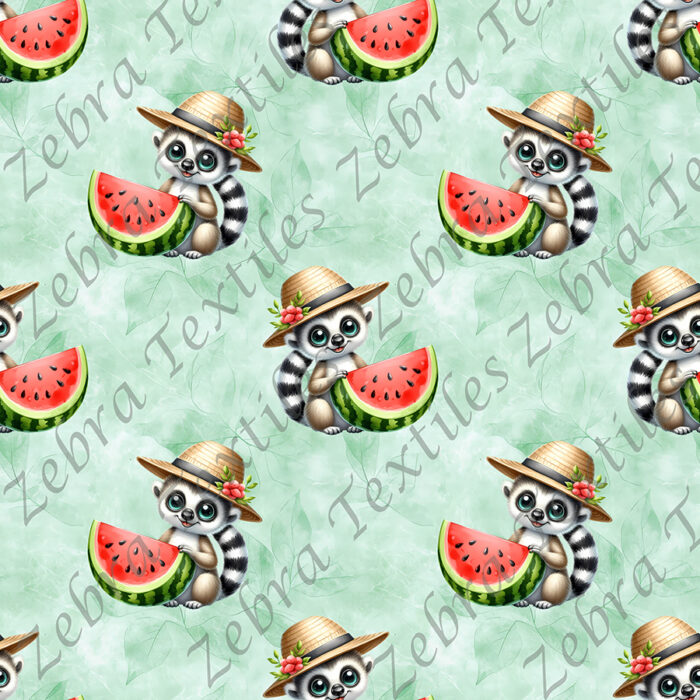 Lémurien et melon fond feuillage