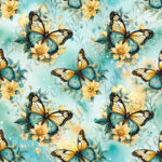 Papillon jaune aqua fond floral
