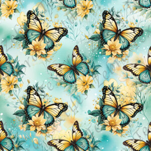 Papillon jaune aqua fond floral
