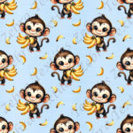 Singe et banane fond bleu