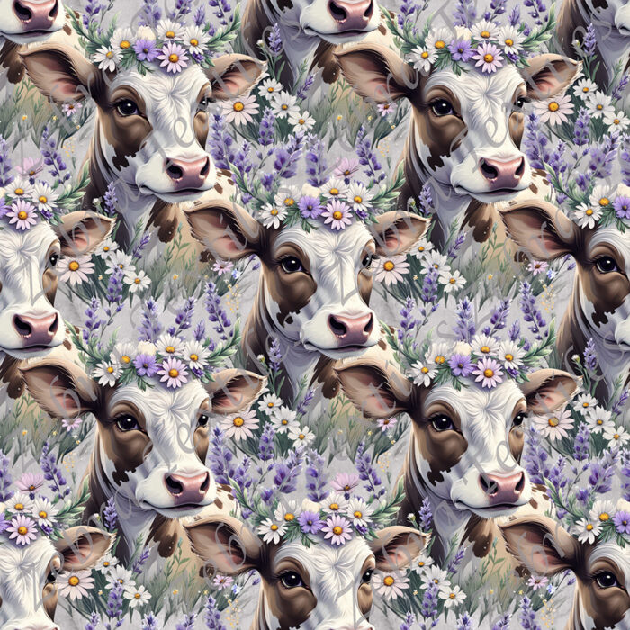 Vache blanche et brune floral fond gris