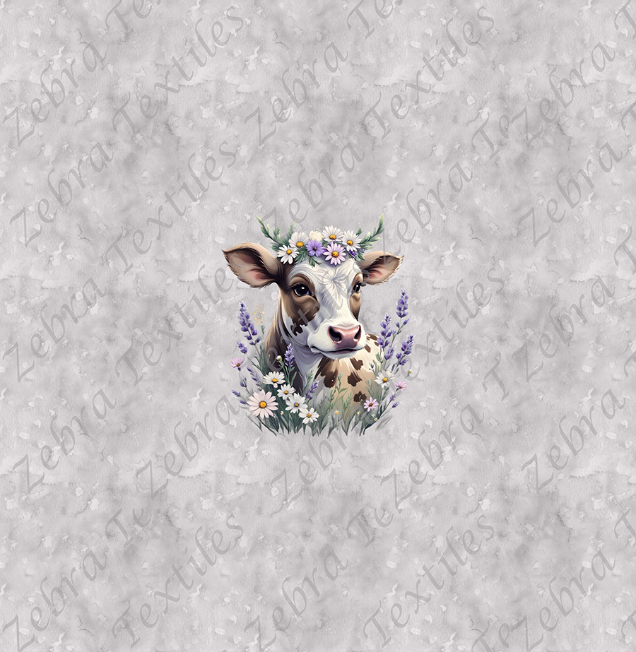 Vache blanche et brune floral fond gris