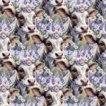 Vache blanche et brune floral fond lin