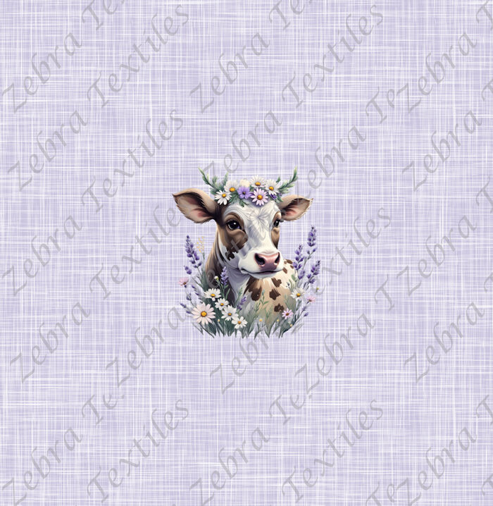 Vache blanche et brune floral fond lin